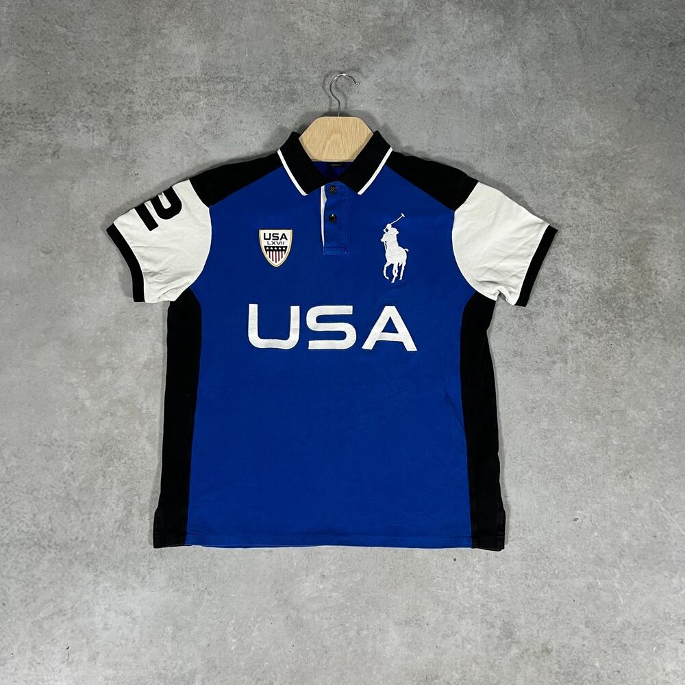 Polo Ralph Lauren Blue White Red USA LXVII 2 Big Pony Polo Shirt Size Large